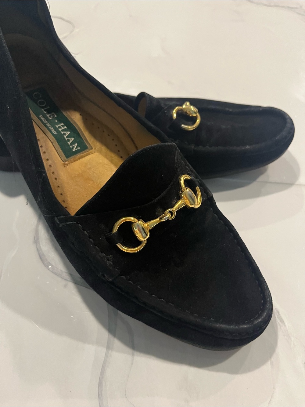 Cole Haan Black Suede Bit Loafers with Gold Hardware sz10